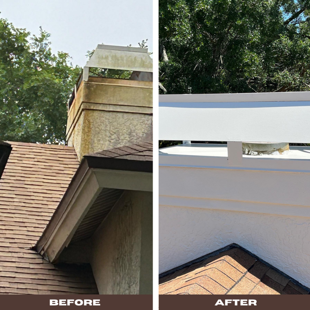 Before and after picture of a oxidized and algae covered chimney that is cleaned , repaired and painted beautiful white color to match the new paint of the house in Lutz, Florida.