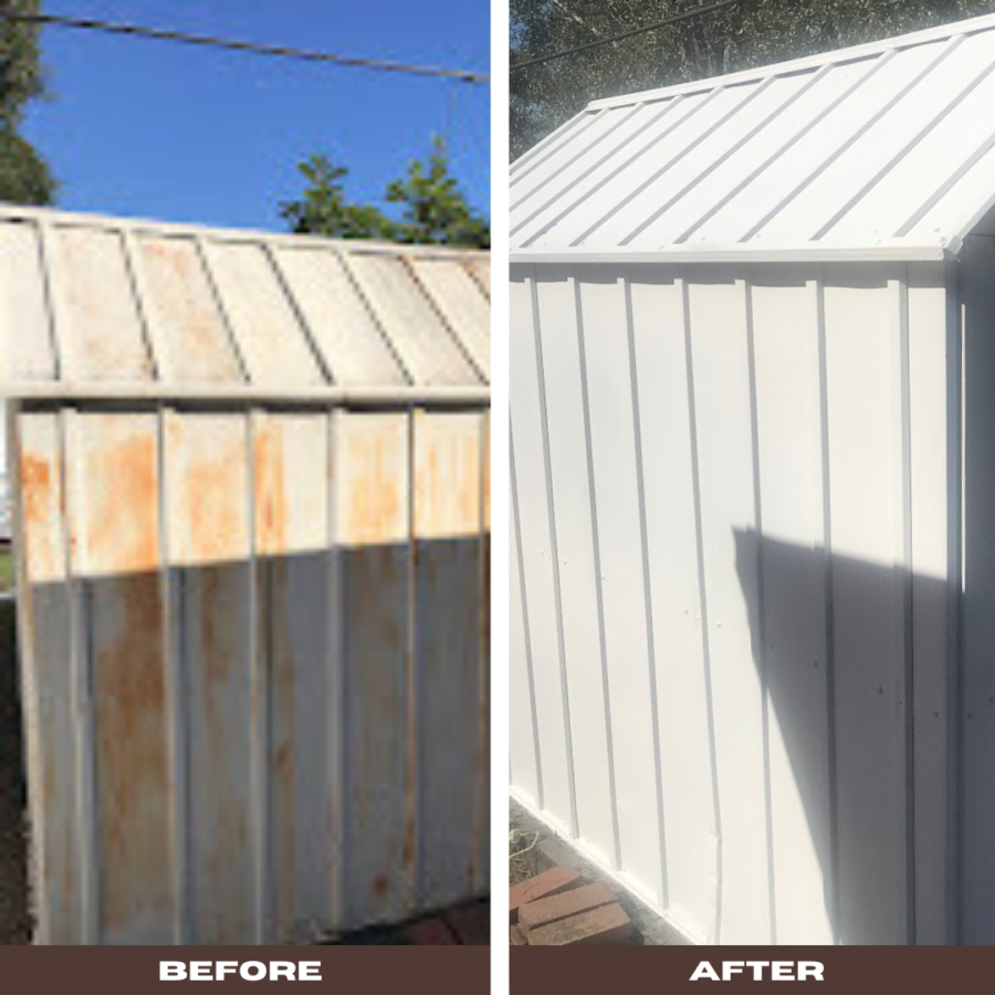 Before and after image of a metal 10 x 10 square foot shed that was rusted by received two coats of heavy duty primer bonding for metal and two coats of pure white exterior paint for a brilliant white finish by Miller's Pressure Washing.