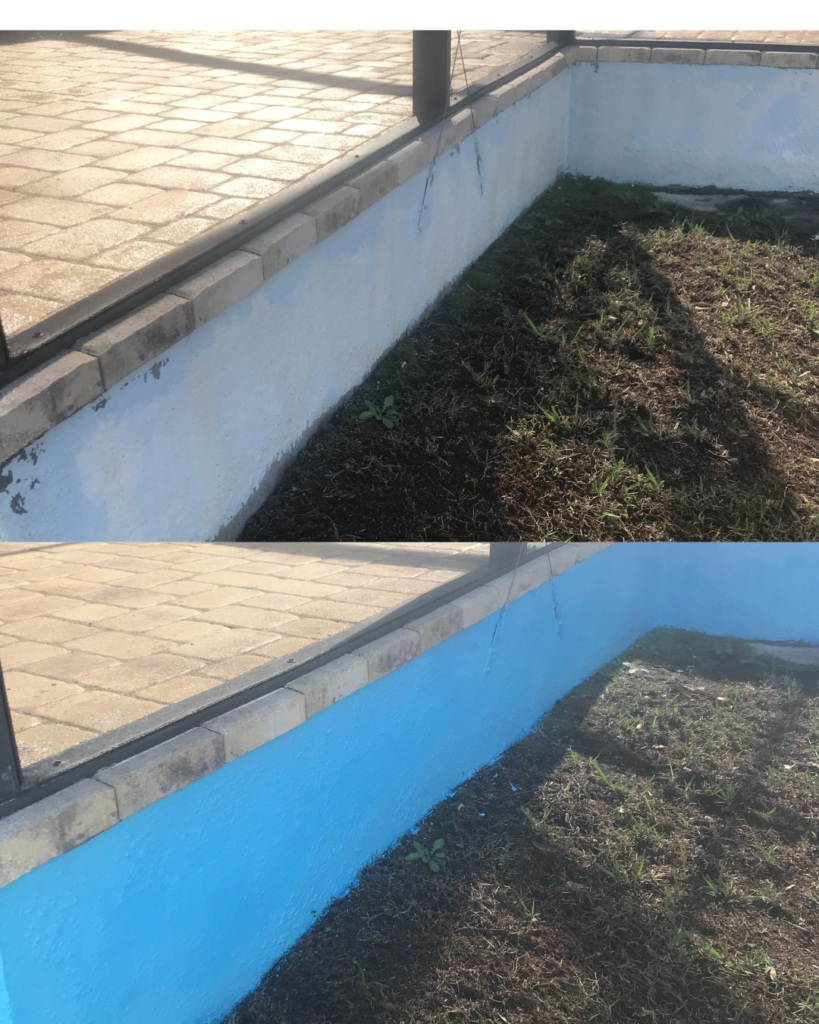 Before and after image of corroded paint on stucco wall after years of neglect and then with a beautiful blue color looking new after being painted by Miller's Pressure Washing.