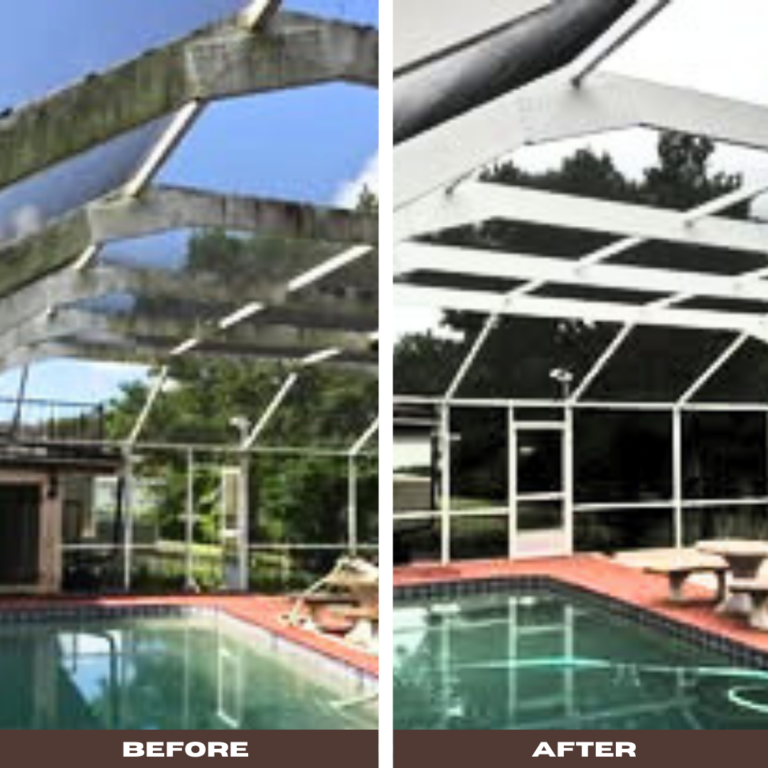 Pressure Washing 3 Before and after image of a large pool cage with frames so heavily contaminated by algae they look black. The after picture shows bright white pool cage frames and sparkling clear screens left by Miller's Pressure Washing.