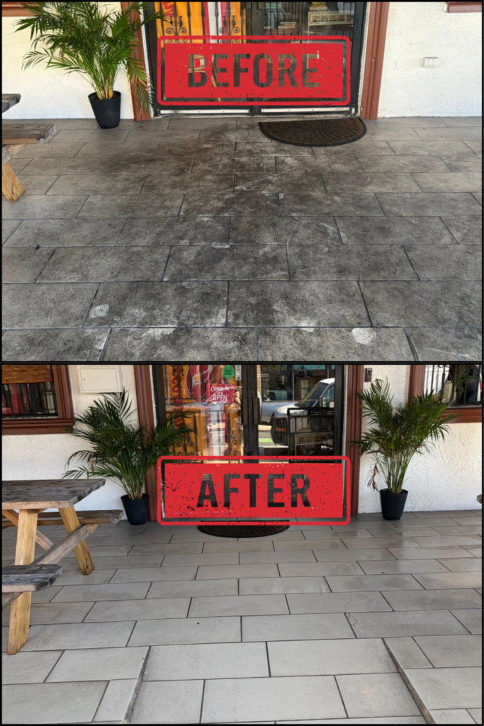 Before and After of a restaurant patio entryway where grease and foot traffic was very black on light colored tile until it was cleaned white by Miller's Pressure Washing